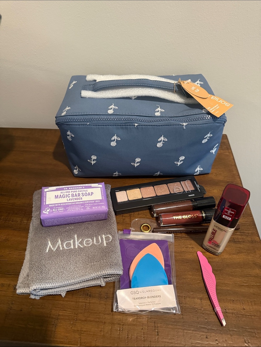 10 piece Beauty Bundle #1 Blue Floral Cosmetic Toiletry Bag -